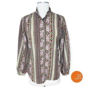 VINTAGE Retro Print Long Sleeve Button Down Top